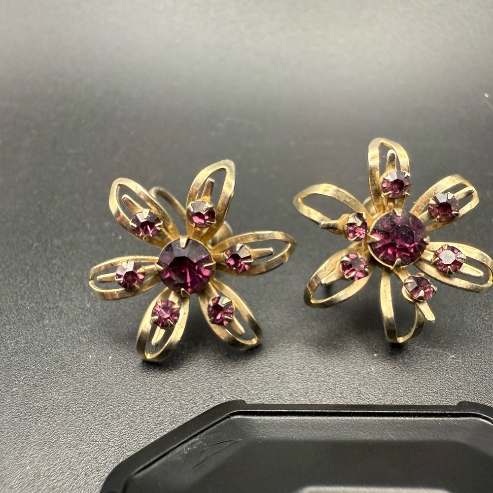 Purple and Gold Filigree Flower Earrings